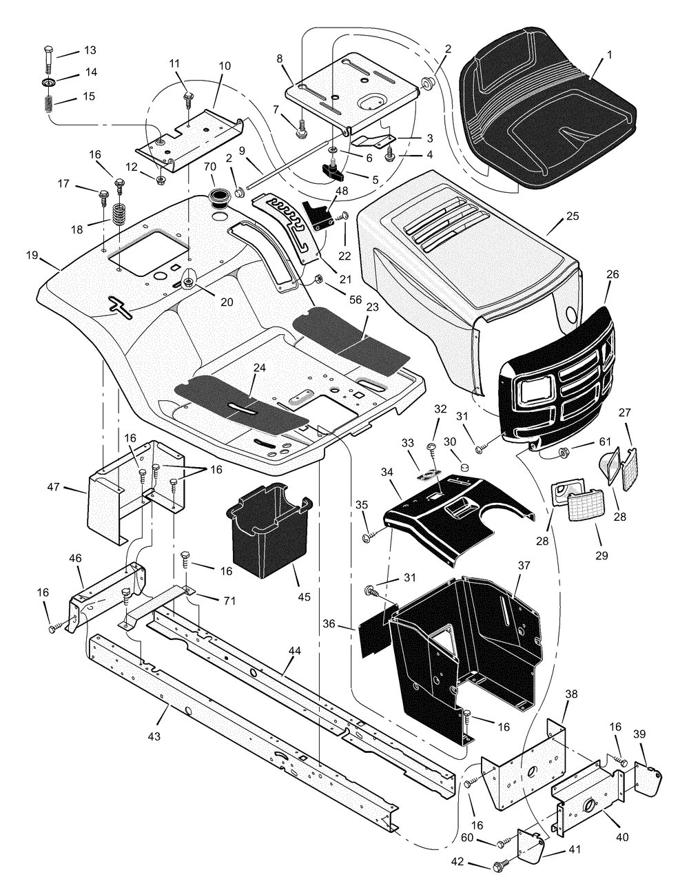 Chassis And Hood Diagram and Parts List for 425303X92B 2003 Briggs and Stratton Lawn Tractor